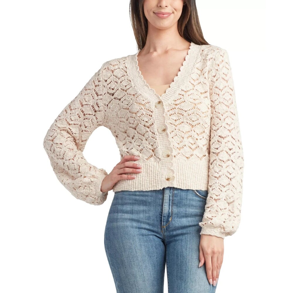 BCX Open Knit Crochet Cardigan Ivory Juniors L Cottagecore Granny Beach Coastal
